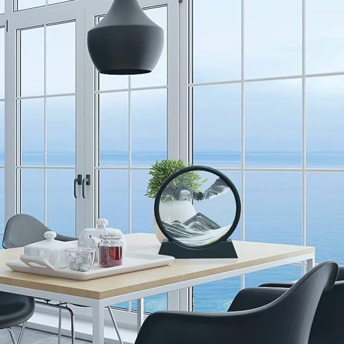 LINPING LINPING Fließendes Sandgemälde, bewegliches Sandkunstbild, rundes Glas, 3D-Tiefsee-Sandlandschaft in bewegter Anzeige,Sandrahmen, Heim- und Büro-Desktop-Dekorationen (Schwarz, 7 Zoll) - Verwendungsansicht 7 | Tischdekoration