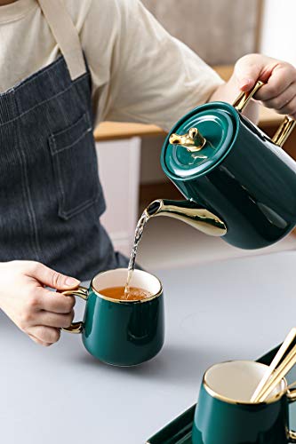 Purzest Tea Cup Teapot Set With Tray, Emerald Ceramic Teapot Coffee Cups Set Christmas Gift For Drinking Tea Latte Water, Tea Pot 40 Oz, 4 Cups 10 Oz #TOP1