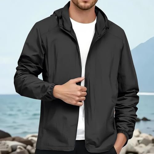 Wind Breaker Jackets Mens Lightweight Zip Up Jacket with Hood Outdoor Long Sleeve Coat Hiking Outfits with Zipper Pockets3