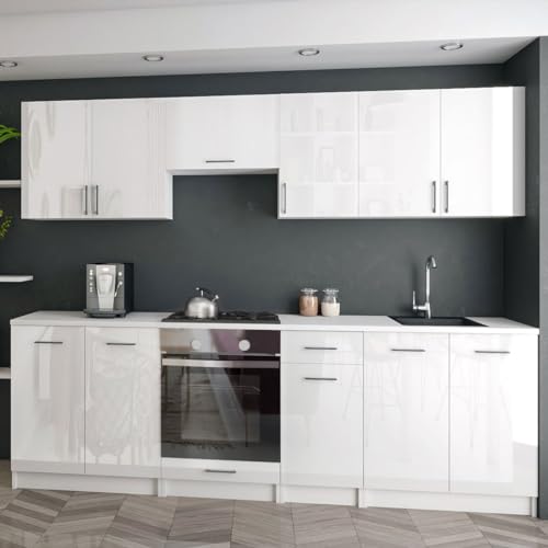 roe furniture Moderne Küchenzeile ohne Elektrogeräte in Weiß Hochglanz - Einbauküche mit viel Stauraum - Erweiterbares 2,4-m-Set inkl. Arbeitsplatten in Weiß - 240 x 82 x 46 cm (B/H/T)