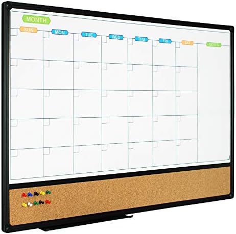 JILoffice Magnetic Calendar Whiteboard & Bulletin Corkboard Combination, Combo Board 36 x 24 Inch, Black Aluminum Frame Wall Mounted Board for Office Home and School with 10 Push Pins