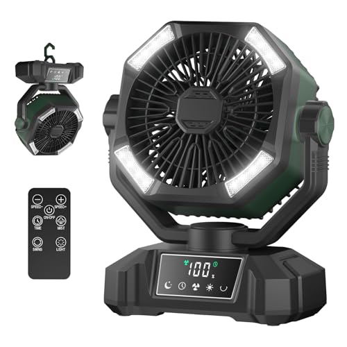 Camping Fan Rechargeble - Portable Battery Powered Fan 20000mAh with LED Lantern Light, Oscillating Tent Fan with Remote, USB Output, Dual Motor, Camping Fans for Tents, Travel, Home (Forest Green)