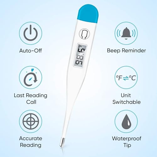 Image of DR VAKU Digital Thermometer for Adults & Babies Fast Oral & Underarm Temperature Measurement Celsius & Fahrenheit Water-Resistant (White & Blue)