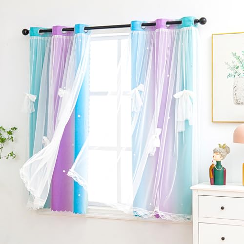 Image of Yancorp Kids Princess Curtains for Girls Bedroom - Star Design With Tieback & 3 Bowties - Purple Teal Blue, W34 X L63 Inches, 1 Panel