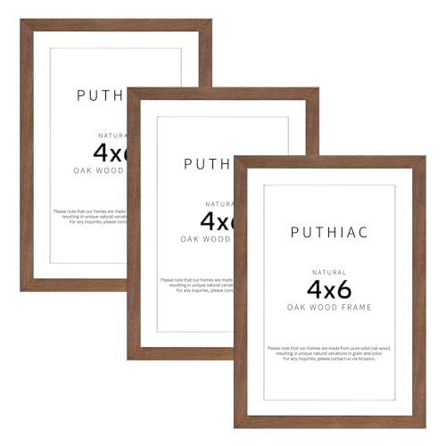 puthiac 4x6 Oak Wood Picture Frame - 4"x6" Photo Frame, 4x6 Picture Frame Wood, Natural Solid Wooden Picture Frames for Wall Art Photo and Prints(3 Pack, Walnut)