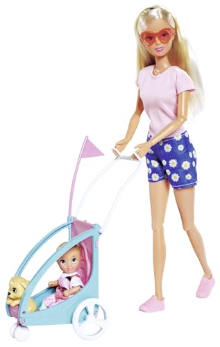 Steffi Love Bike Trailer, Spielpuppe auf ihrem Fahrrad mit Anhänger fürs Baby, Hund und Helmen, ab 3 Jahren