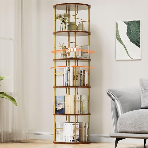 OCTORO 5 Tier Rotating Bookshelf 360 Corner Bookshelf Tower Round Revolving Bookcase with Adjustable Levels Spinning Book Shelf for Home Office Bedroom Living Room 45 x 45 x 160cm Gold
