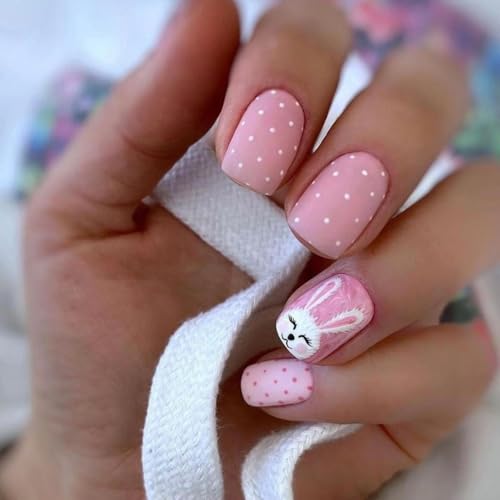 Easter Press on Nails Short Square Fake Nails with Cute Rabbits Design Glossy Full Cover Pink Glue on Nails Funny Bunny Polka Dots Nail Press ons Reusable Spring Acrylic Nail for Women Manicure 24Pcs