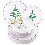 150pcs Christmas Dinnerware Set,Christmas Tree Plates,Plastic Christmas Plates with Red Rim,Gold Pla