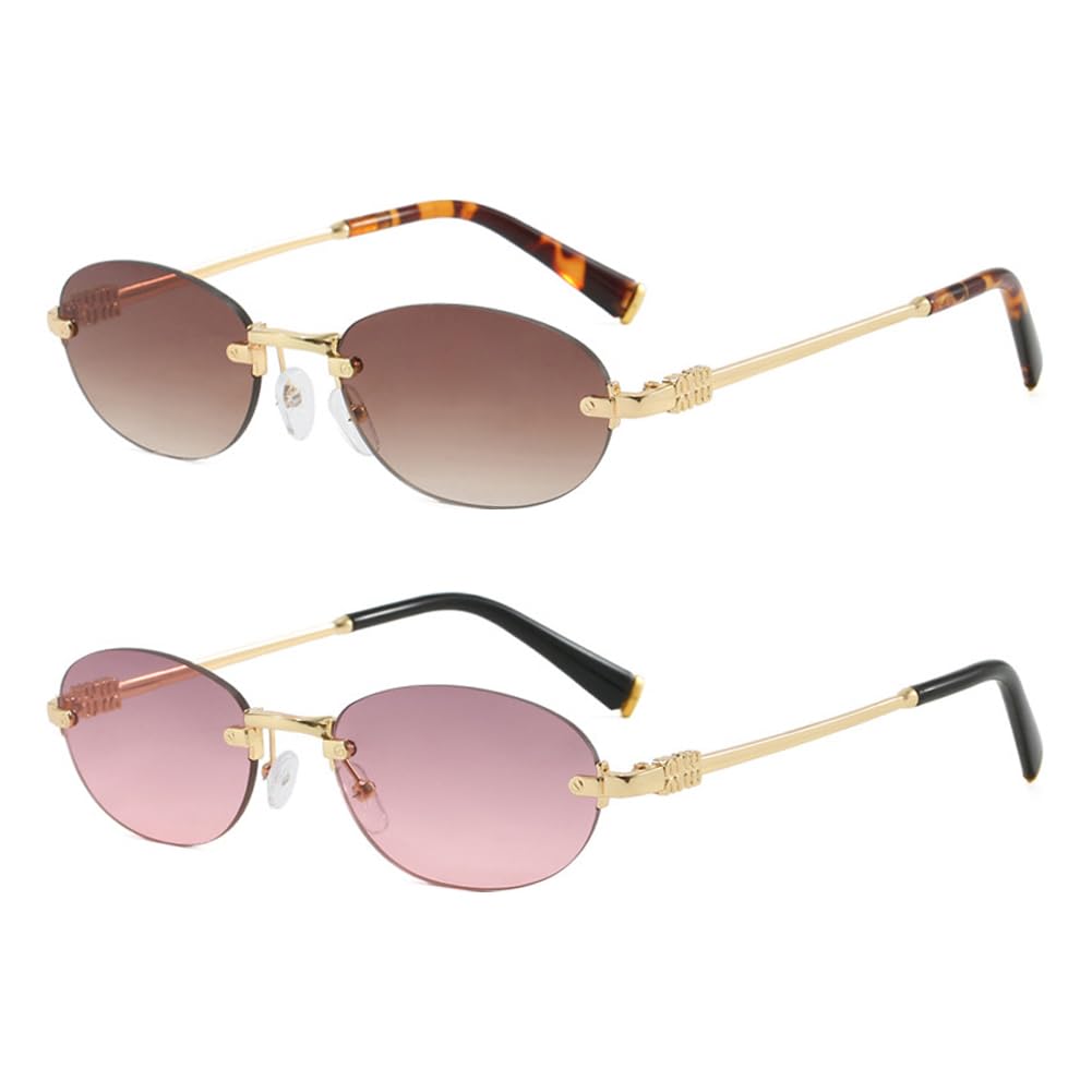 frissin Oval Rimless Sunglasses Womens UV400 Protection Gradient Lenses Gold Metal Temples Luxury Ladies Sun Glasses Minimalist Sunnies Outdoor Street Travel Party Holiday