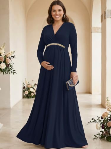 Image of KOH KOH Womens Maternity Long Sleeve V-Neck Flowy Winter Maxi Dress Gown