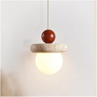 Natural Travertine Pendant Light with Solid Wood and Glass Globe G9 Base Wide Hanging Lamp for Kitchen Island Living Room Bedside Adjustable Cord