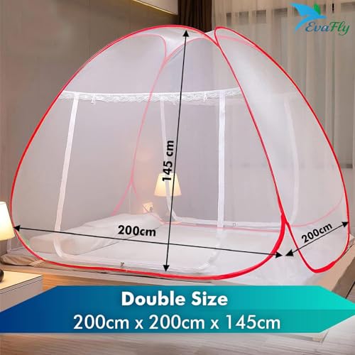 Image of Evafly King Size Mosquito Net for Bed with Heart Design | Premium Polyester Mesh | Foldable Pop Up Bed Net | Fine Mesh Protection from Mosquitoes & Insects | Easy Setup, Washable | Red