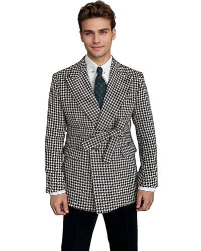 Men's Herringbone Tweed Blazer Coat Slim Fit Double Breasted Suit Jacket with Belt