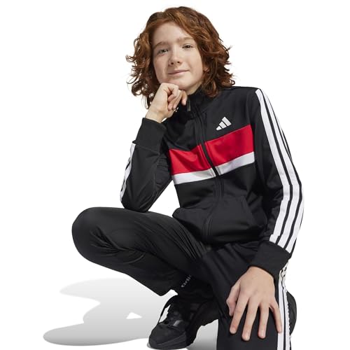 adidas Unisex Kids SEASONAL ESSENTIALS TIBERIO 3 STRIPES TRICOT TRACKSUIT, black/white/pure ruby, 13-14 Years
