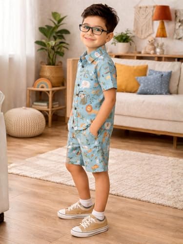 Image of superminis Boys Coordinated Set With Printed Rayon /Cotton Shirt and Shorts