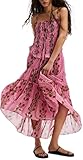 Women Floral Spaghetti Strap Long Sundress Boho Smocked Backless Flowy Midi Dress Summer Tiered Ruffle Maxi Dresses