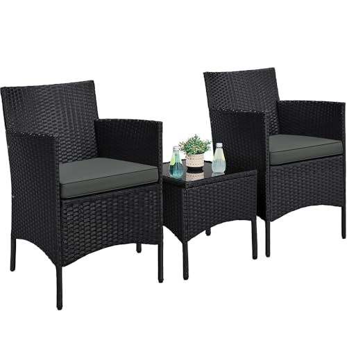 Yaheetech Set Mobili da Giardino 2 Poltrone e 1 Tavolino in Rattan PE Impermeabile per Esterno con Cuscini Nero/Grigio