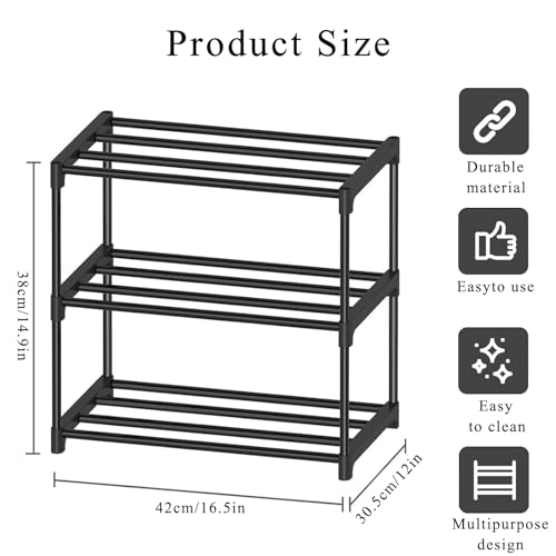 Étagère à chaussures à 3 niveaux, petit organisateur de chaussures étroit, étagère de rangement en métal, économie d'espace, assemblage facile et design solide, étagère à chaussures empilable pour – Image 3