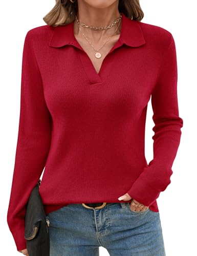 Romanstii Women's Knitted Collared Sweaters Long Sleeve V-Neck Polo Shirts Winter Pullover Tops