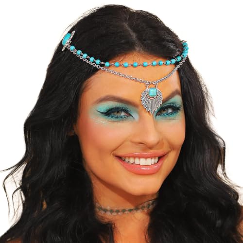 JAKAWIN Boho Turquoise Head Chain Beaded Hair Clip Silver Beach Headpiece for Women