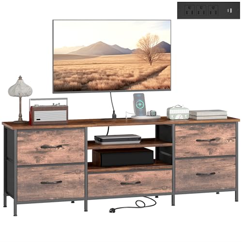 HOMCOM - HOMCOM TV Stand for Television up to 65 Inch, Industrial Entertainment Center with Charging Station, 5 Drawers and Open Shelves, TV Console for Living Room, Rustic Brown