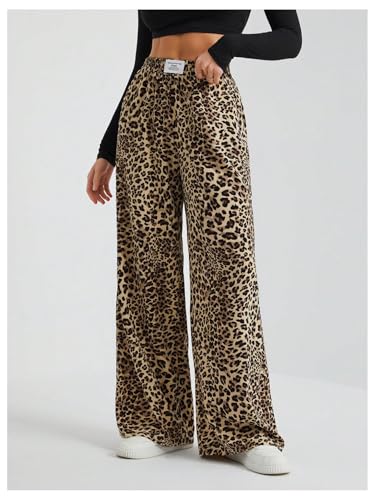 Image of RoseSeek Women's Letter Leopard Print Y2K Straight Elastic Waist Leg Pants | Cheetah Print, Straight, Baggy Loose Fit, Slant Pocket, Streetwear, Vintage, Graphic Trousers