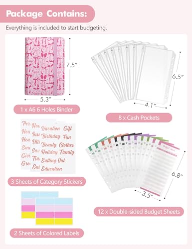 Image of A6 Budget Binder for Money Saving, PU Leather Budget Planner with 8 Cash Envelopes, Budget Sheets & Rose Gold Category Stickers, Money Organizer for Cash (Pink Bow)