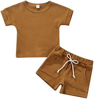 2PCS Summer Toddler Baby Boy Girl Clothes Set Unisex Waffle Solid Short Sleeve Tops Pocket Drawstring Shorts Outfits (Brown, 12-18 Months)