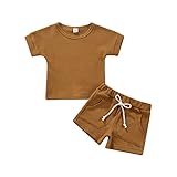 2PCS Summer Toddler Baby Boy Girl Clothes Set Unisex Waffle Solid Short Sleeve Tops Pocket Drawstrin