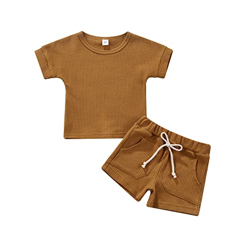 2Pcs Summer Toddler Baby Boy Girl Clothes Set Unisex Waffle Solid Short Sleeve Tops Pocket Drawstring Shorts Outfits (Brown, 12-18 Months) #TOP1