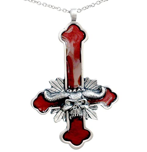 Red Devil Inverted Cross Lucifer Baphomet LAVEYAN Demon Skull Surtur Ragnarok Cosplay Punk Gothic Rock Heavy-Metal Biker Surfer Skater Tribal Jewelry Protection Amulet Silver Pewter Pendant Necklace