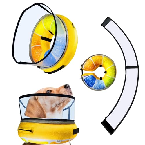 Image of Ovatt PVC inflatable pet collar for small medium and large dogs after surgery ,Washable Dog Cone Collar w /Removable Hard Cone for Dogs After Surgery (Orange, S)