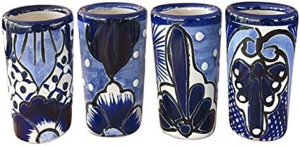 MEXTEQUIL - Talavera Shot Glasses Set of 4 Authentic Mexican Tequila Shot Glasses - Hand-painted - 2 Oz (Blue)