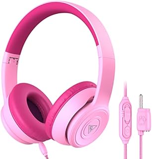 DOQAUS Headphones for Kids, Children Headphones for Boys Girls with 74/85/94dB Volume Limited, Stereo Sound, Share Function, Wired Kids Headphones with Microphone for School/Travel/Phone/PC/MP3, Pink