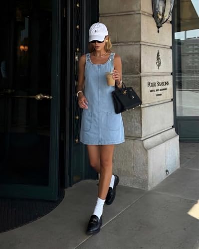 Image of Xaspee Denim Overall Dress for Women Casual Mini Sleeveless Jean Vintage Jumper Skirt Dress with Pockets