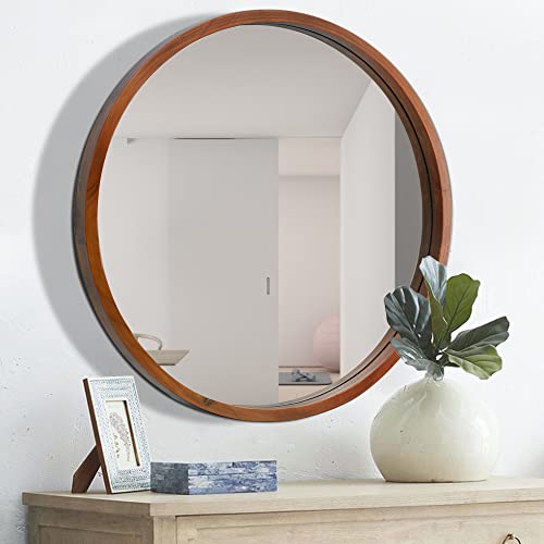 Round Decorative Mirror, Wood Frame Round Wall Mirror, Walnut Brown 30 Inch Bathroom Mirror, Farmhouse Mirror #TOP4