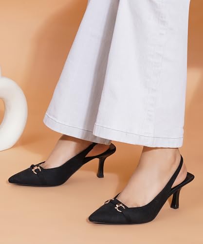 Image of JM LOOKS Women's Sophisticated Pointed Toe Slingback Kitten Heels with Metallic Buckle Accent for Professional and Evening Elegance