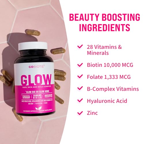 GOBIOTIX Hair Skin and Nails Vitamin Supplement - 10000mcg Biotin Pills with Hyaluronic Acid, Folate, Iron, Magnesium, and Zinc - Collagen Production, Hair Growth - 30 Servings