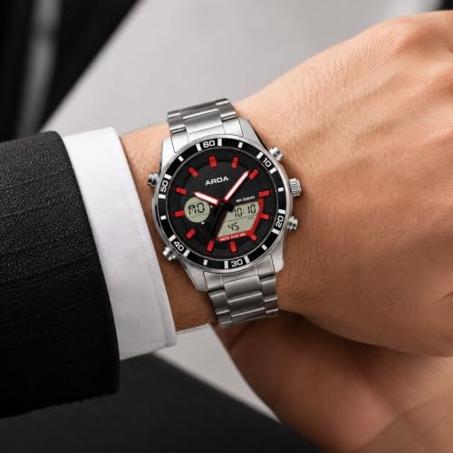 Image of AROA AeroForce Analog Digital Sports Watch for Men | Dual Display Quartz Stainless Steel Wrist Watch | Stopwatch, Alarm, Day & Date | Premium Metal Strap (Gasio Double Time)