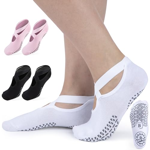 Image of Pilates Grip Socks with Straps for Women - 3 Pairs of All Black