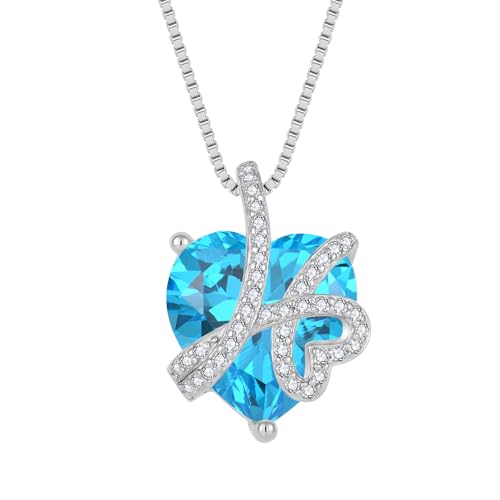 starchenie Heart Birthstone Necklace 925 Sterling Silver Infinity Love Pendant Necklaces 3A Aquamarine Cubic Zirconia Anniversary Jewelry for Women