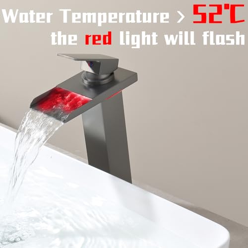 XIMLIKE LED Bathroom Faucet Gunmetal Gray, Waterfall Bathroom Tall Vessel Sink Faucet 1 Hole Single Handle Brass with Water Supply Hoses Black Stainless — view 3