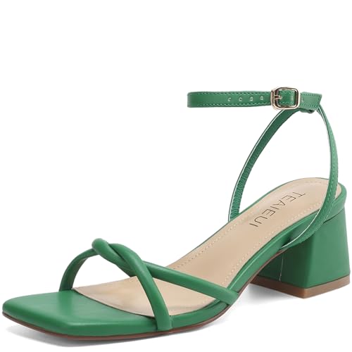 Image of TEAIEUI Chunky Heels for Women, Square Open Toe Heeled Sandals, Strappy Ankle Strap Shoes for Dress, Party, Prom, Block Low Heel 2 inch