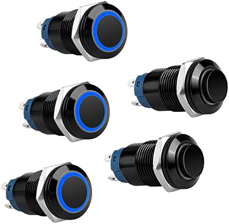 12mm Momentary Push Button Switch, Waterproof 12V SPDT Self-locking ON/OFF Switch Start Button with Blue Light, 4 Pin Metal Latching Switch for 1/2" Mounting Hole Car Marine Home, 5 Pack
