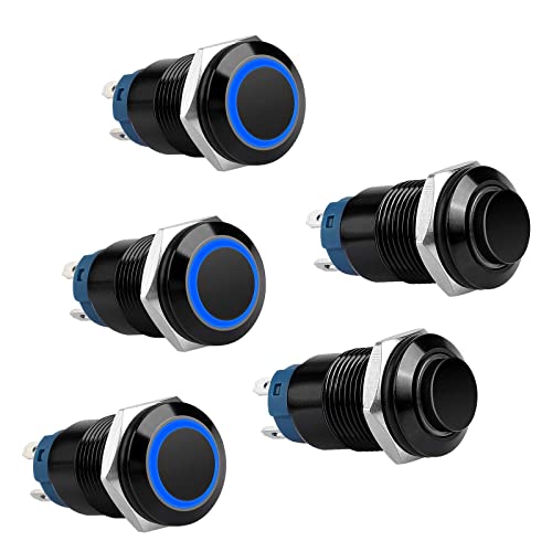 5Pcs 12Mm Latching Push Button Switch 5A 12V Dc Pushbutton Switch 1No1Nc Spst On/Off Switch Black Metal Shell With Blue Led Ring Light, Waterproof Self-Locking Pushbutton Switch For 1/2" Mounting Hole #TOP10