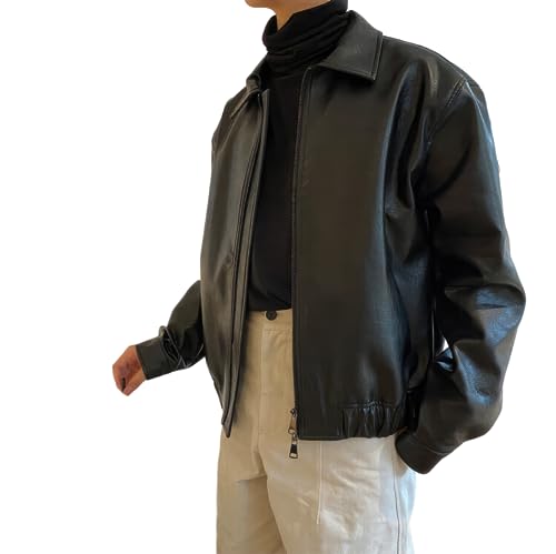 Men's Bomber Genuine Sheepskin Oversized Leather Jacket Classic Shirt Collar Loose Casual Winter Cool Designer Lightweight