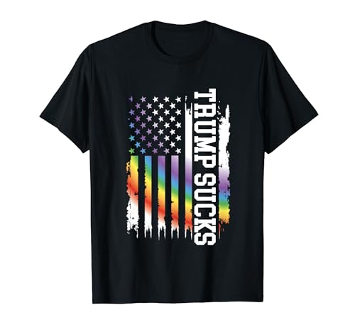 Trump Sucks United States Distressed Rainbow w US Flag Maglietta