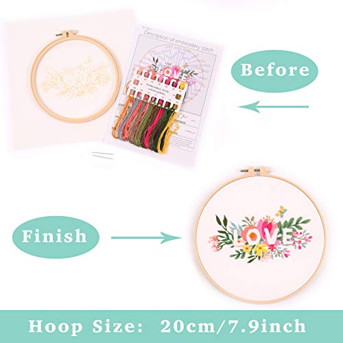 1 Beginner Cross Stitch Embroidery kit, Including 1 Plastic Embroidery Ring, Embroidered Cloth with Floral Patterns, Colored Threads, Needles and Embroidery Instructions