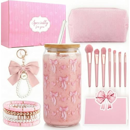 Geschenke für Mädchen Teenager 9 10 11 12 13 14 15 16 Jahre Rosa Schleife | Geburtstag Geschenk Mädchen Glasbecher, Trinkglas mit Strohhalm und Deckel, Schminkpinsel Kosmetiktasche Armband Socken
